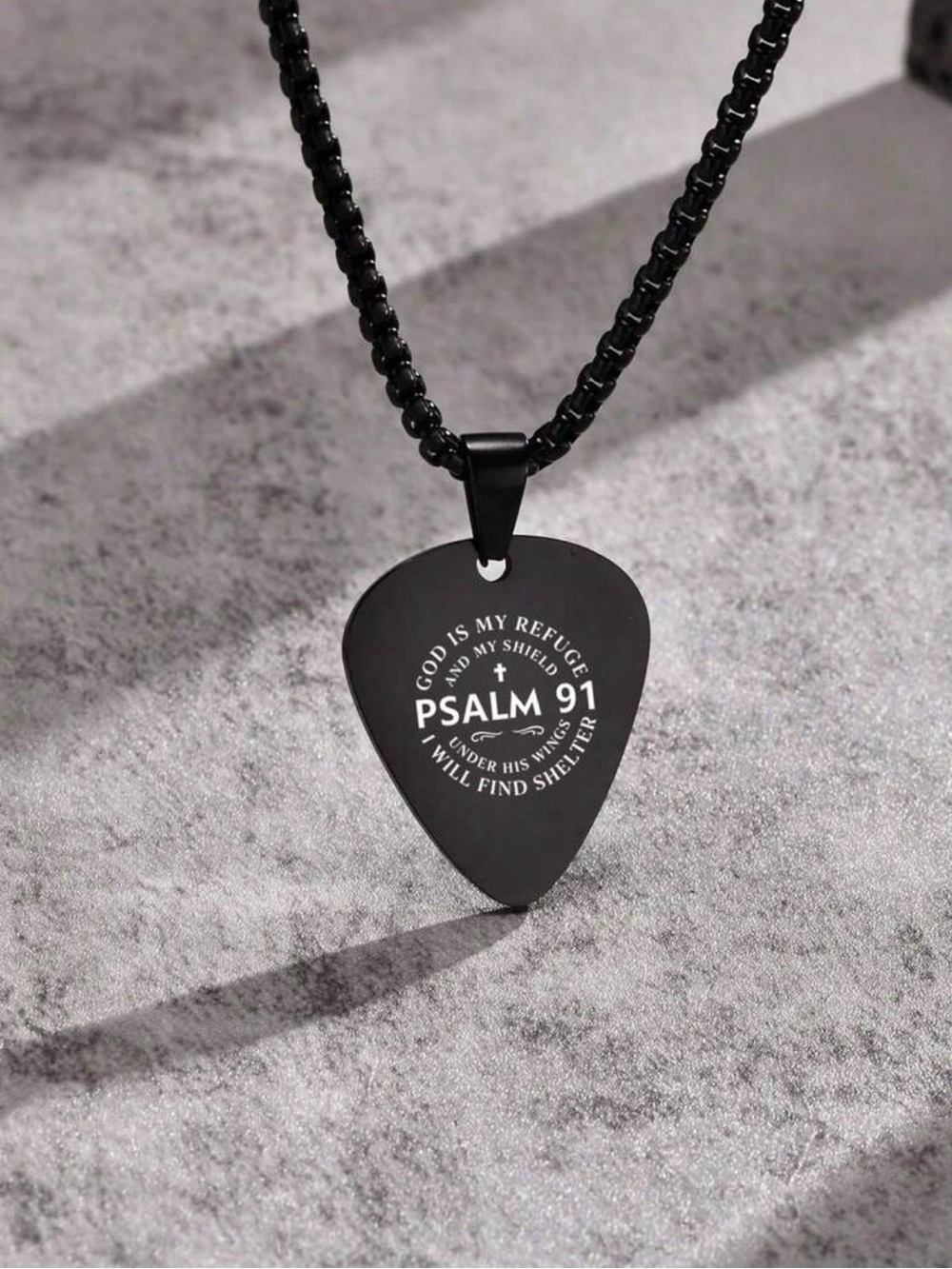 Psalm 91 Black Stainless Steel Guitar Pick Pendant Necklace for Men